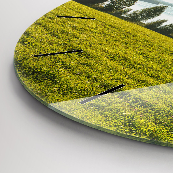 Round glass wall clock Mountains and field