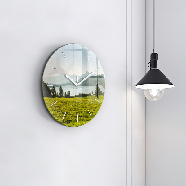 Round glass wall clock Mountains and field