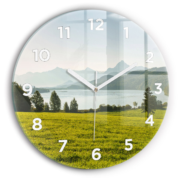 Round glass wall clock Mountains and field