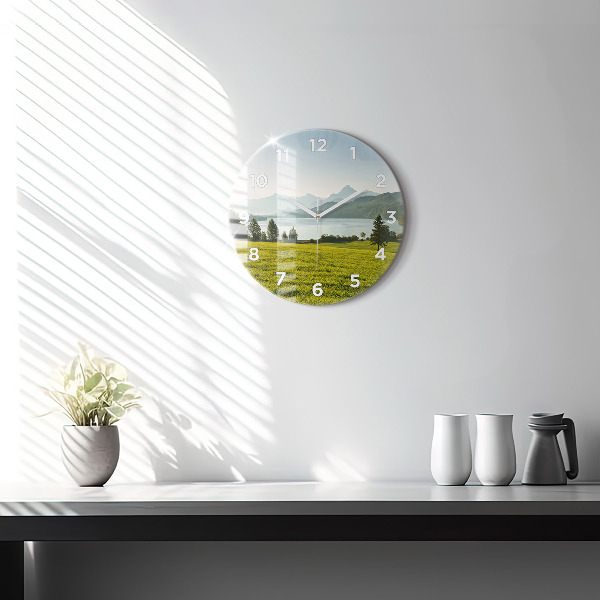 Round glass wall clock Mountains and field