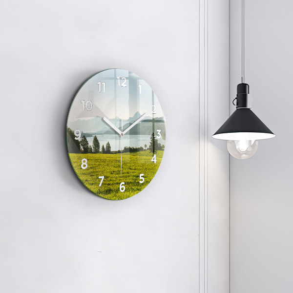 Round glass wall clock Mountains and field