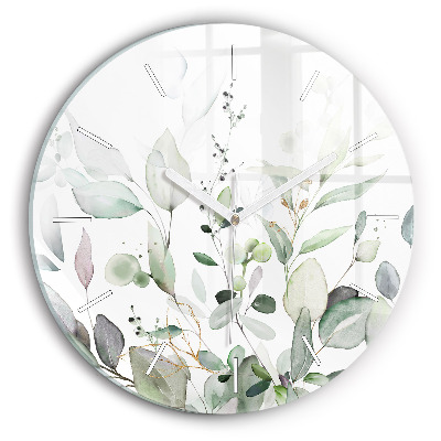 Round glass wall clock Plants leaves