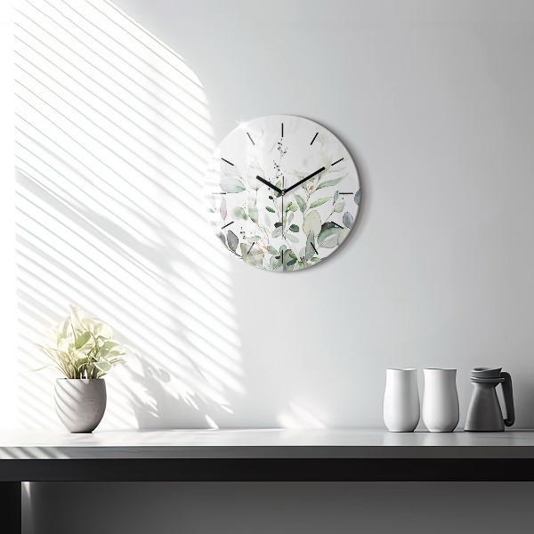 Round glass wall clock Plants leaves