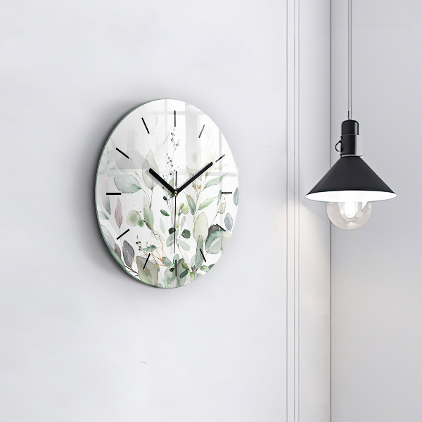 Round glass wall clock Plants leaves
