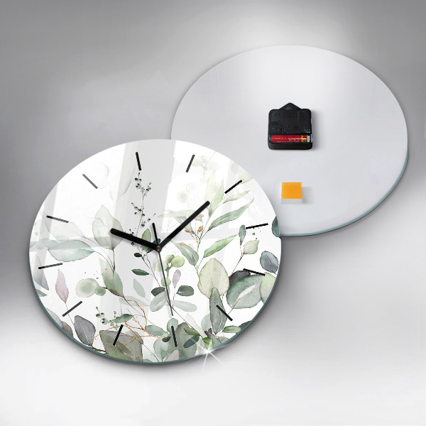 Round glass wall clock Plants leaves