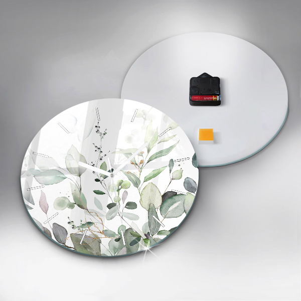 Round glass wall clock Plants leaves