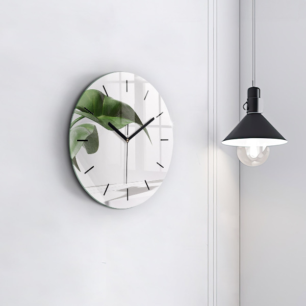 Round glass wall clock Abstract leaves