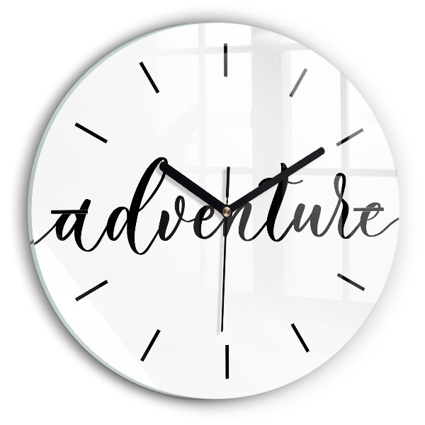 Round glass wall clock Adventure inscription