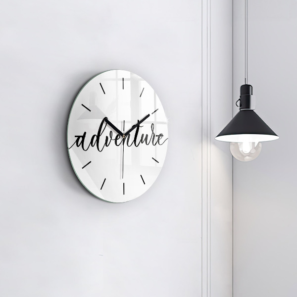 Round glass wall clock Adventure inscription