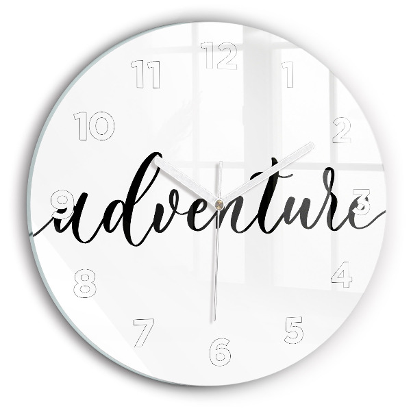 Round glass wall clock Adventure inscription