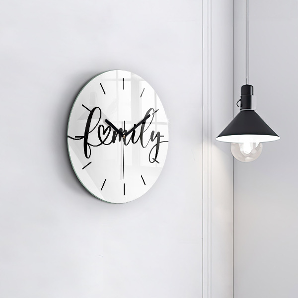 Round glass wall clock Family inscription and heart