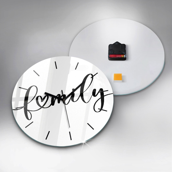 Round glass wall clock Family inscription and heart