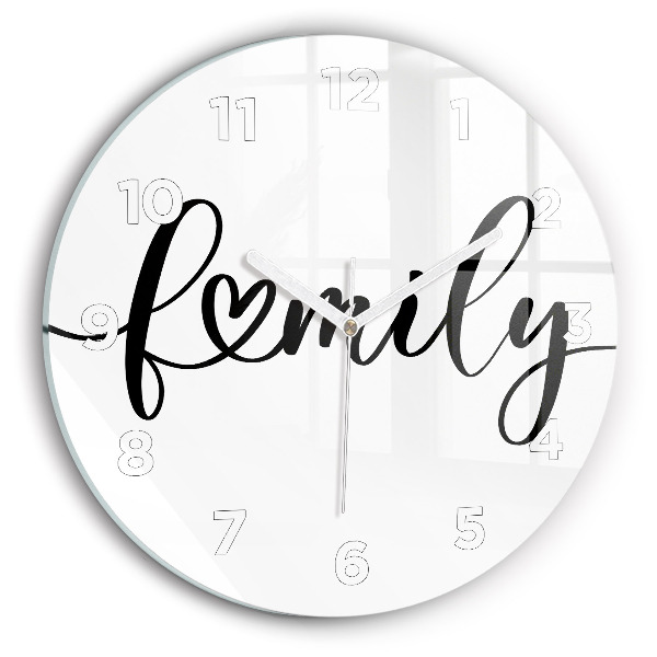 Round glass wall clock Family inscription and heart
