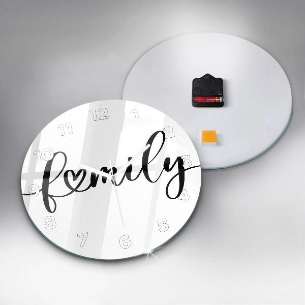 Round glass wall clock Family inscription and heart