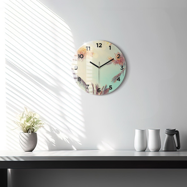 Round glass wall clock Tropical palm trees