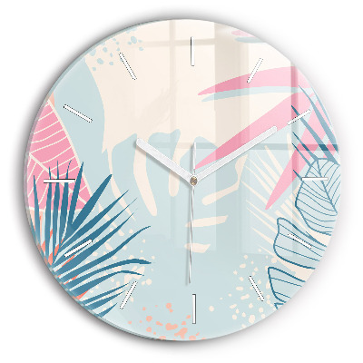 Round glass wall clock Pastel Leaves – Tropics