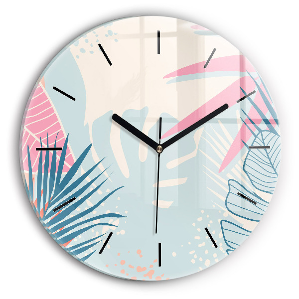 Round glass wall clock Pastel Leaves – Tropics