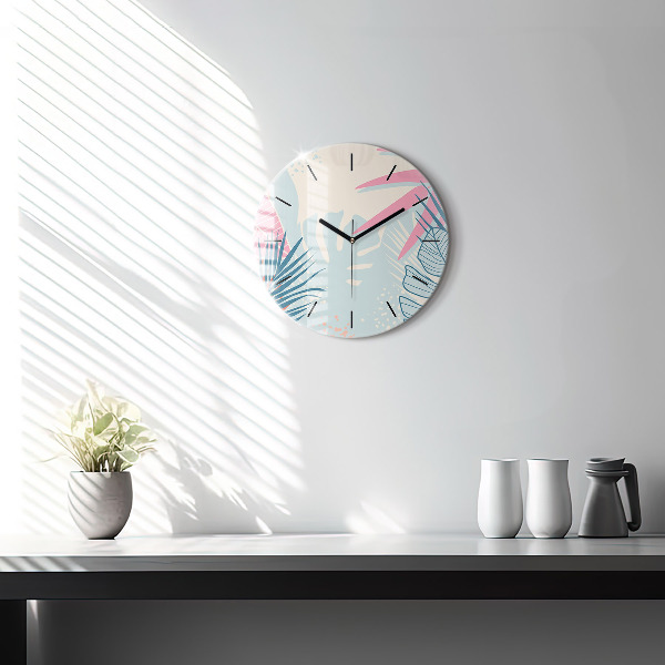 Round glass wall clock Pastel Leaves – Tropics