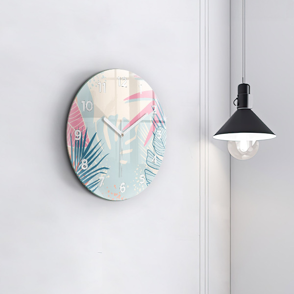 Round glass wall clock Pastel Leaves – Tropics