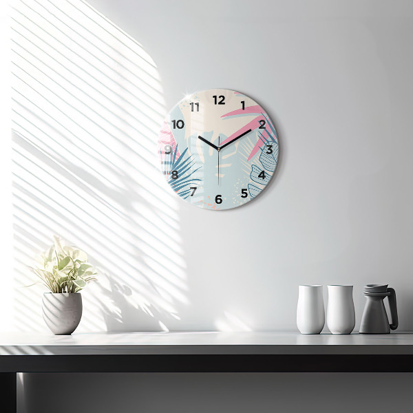 Round glass wall clock Pastel Leaves – Tropics
