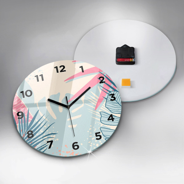 Round glass wall clock Pastel Leaves – Tropics