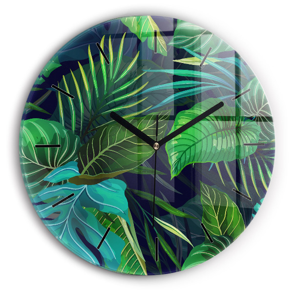 Round glass wall clock Exotic leaves