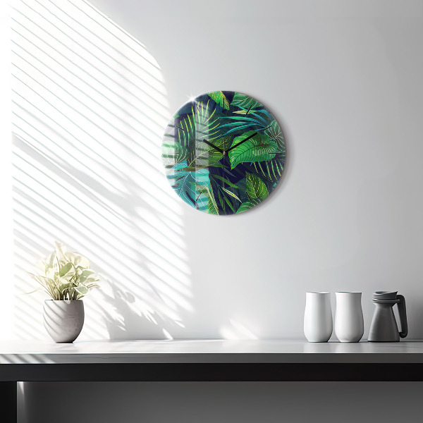Round glass wall clock Exotic leaves