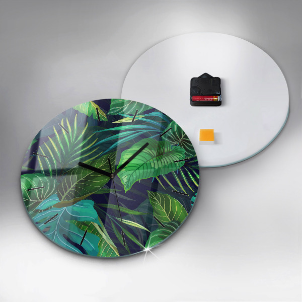 Round glass wall clock Exotic leaves