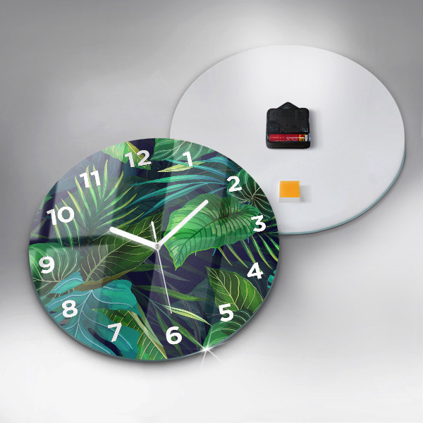 Round glass wall clock Exotic leaves