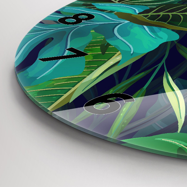 Round glass wall clock Exotic leaves
