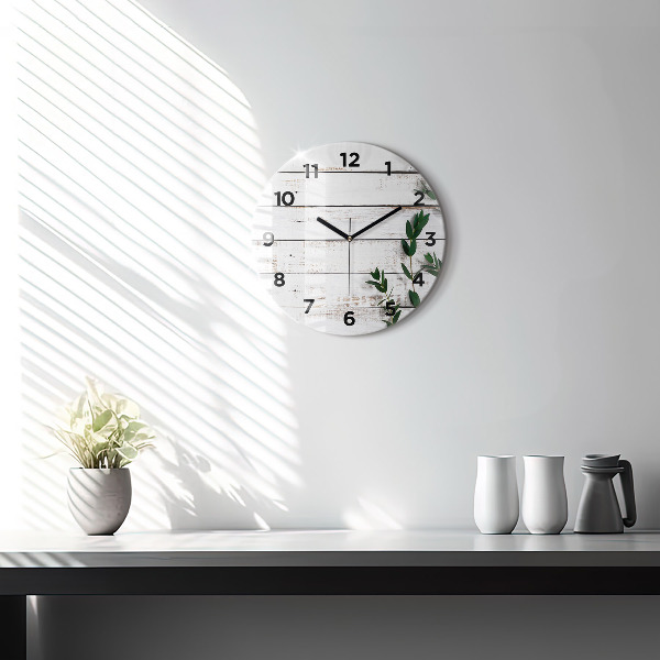 Round glass wall clock Light wooden boards