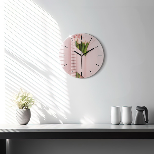 Round glass wall clock Tulip flower bouquet