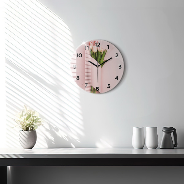 Round glass wall clock Tulip flower bouquet