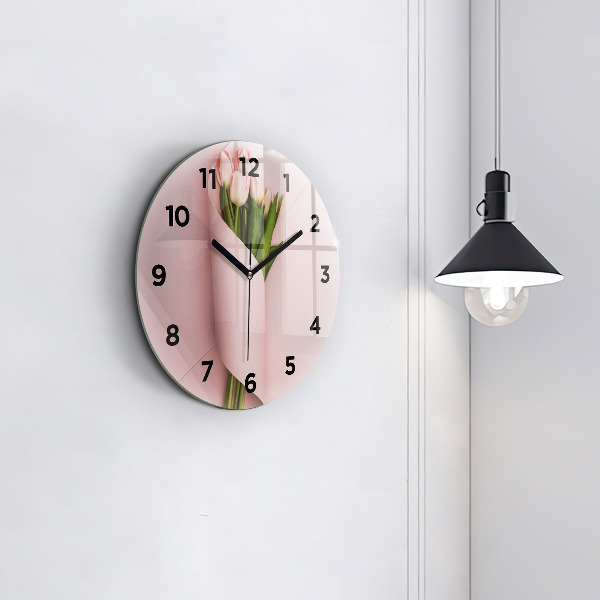 Round glass wall clock Tulip flower bouquet