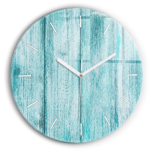 Round glass wall clock Blue old wood