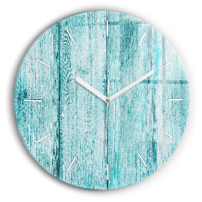Round glass wall clock Blue old wood