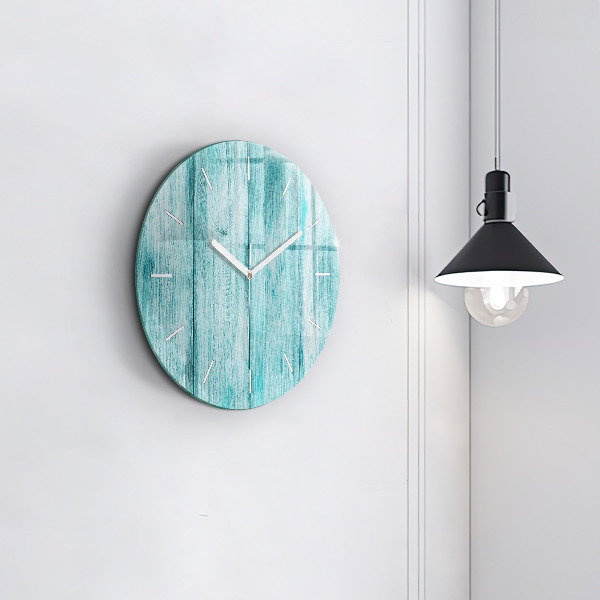 Round glass wall clock Blue old wood