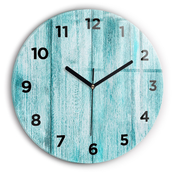 Round glass wall clock Blue old wood