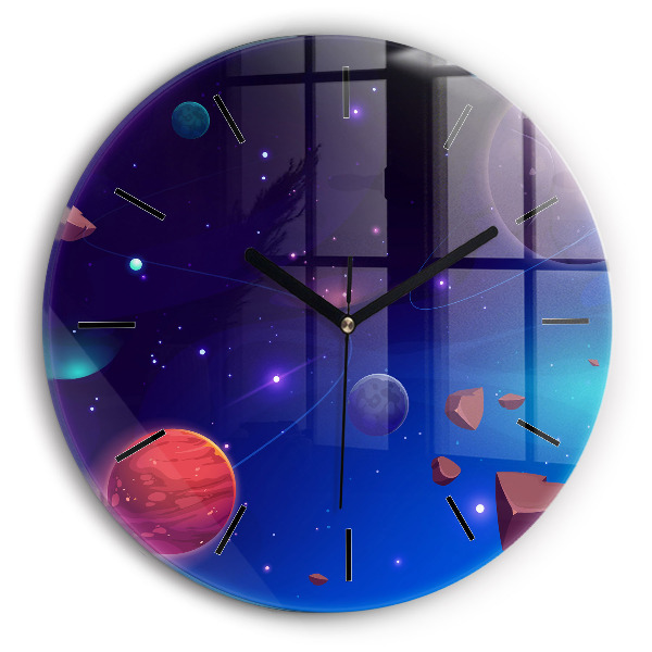 Round glass wall clock Planets galaxy