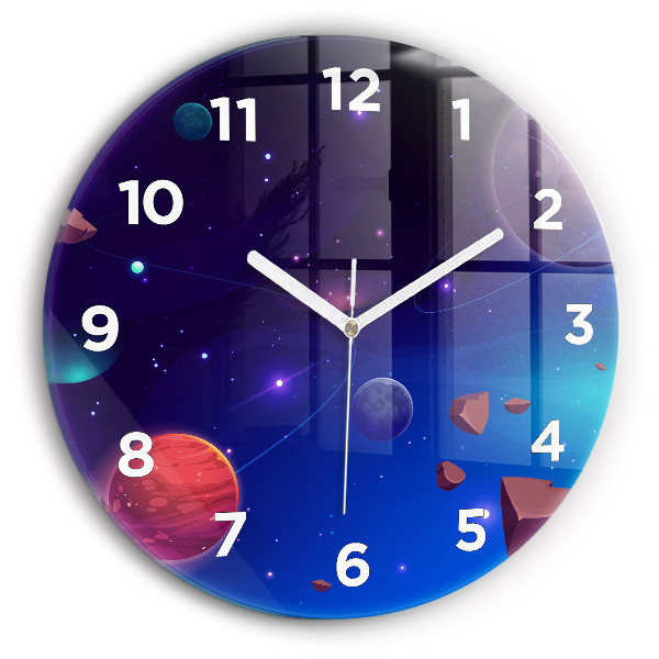 Round glass wall clock Planets galaxy