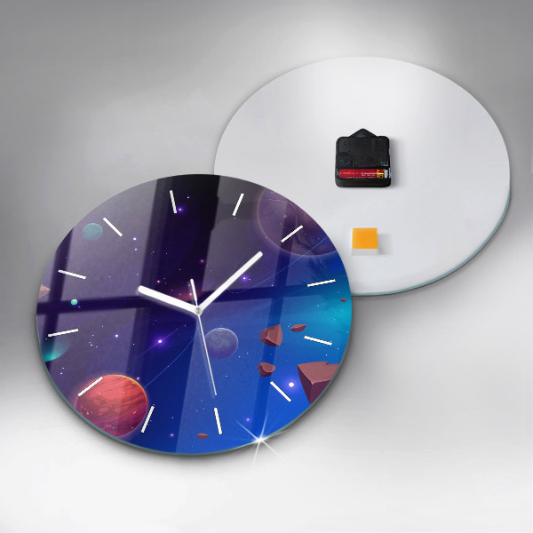 Round glass wall clock Planets galaxy