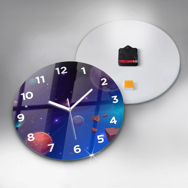 Round glass wall clock Planets galaxy