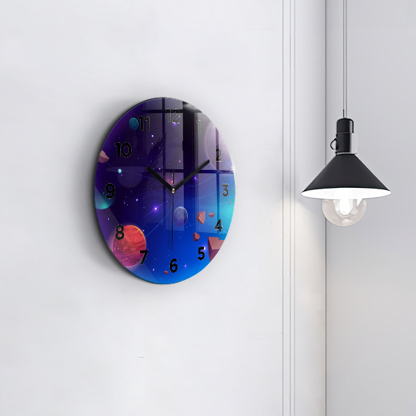 Round glass wall clock Planets galaxy