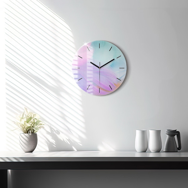 Round glass wall clock Colorful feathers