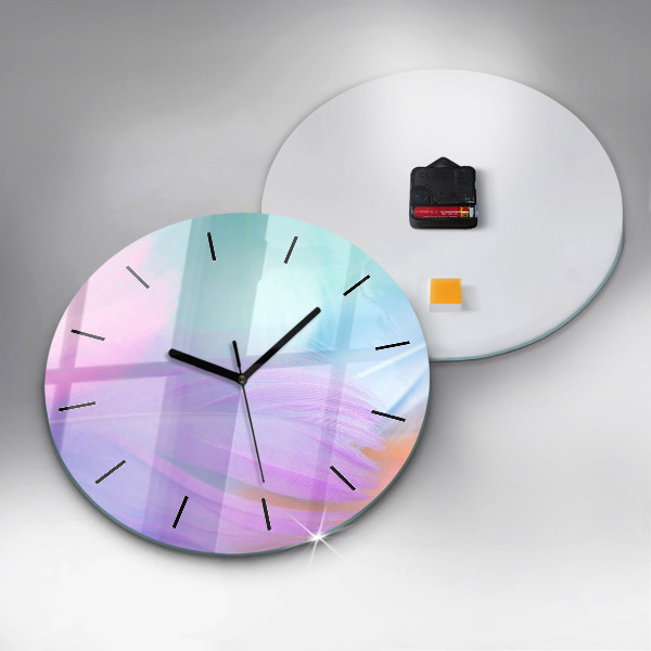 Round glass wall clock Colorful feathers