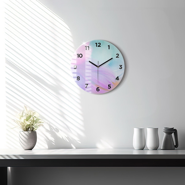 Round glass wall clock Colorful feathers