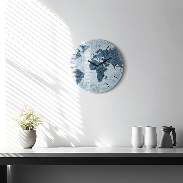 Round glass wall clock Painted world map