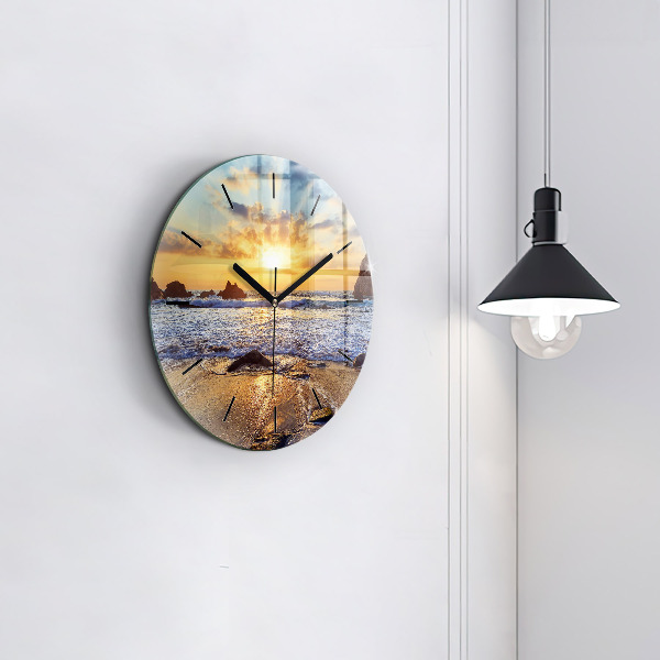 Round glass wall clock Sunset on the beach