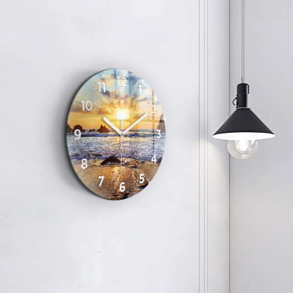 Round glass wall clock Sunset on the beach