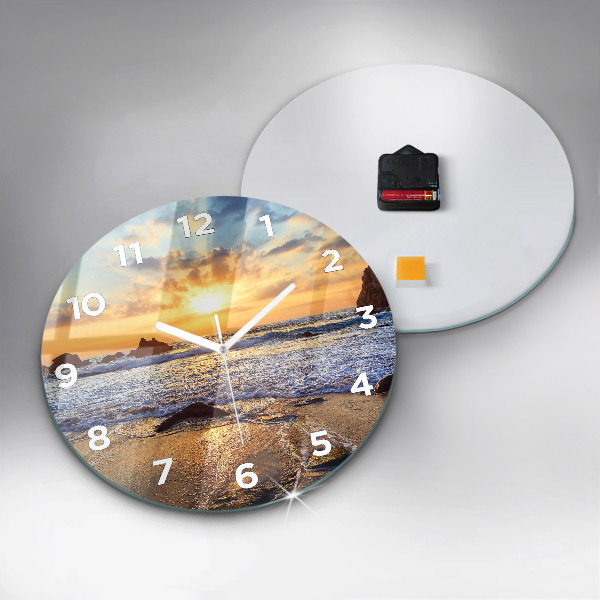 Round glass wall clock Sunset on the beach